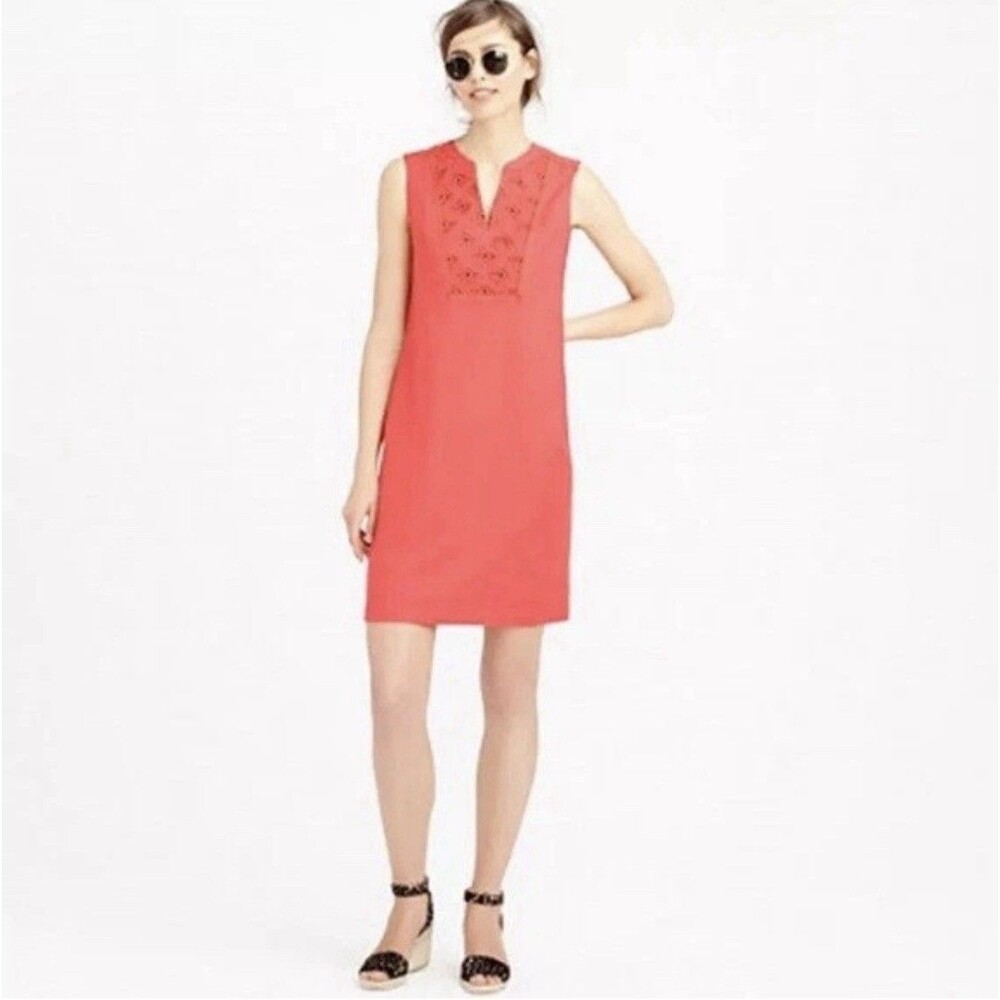 J Crew Coral Sleeveless Embroidered Sunburst Dress Medium Linen Blend Coastal